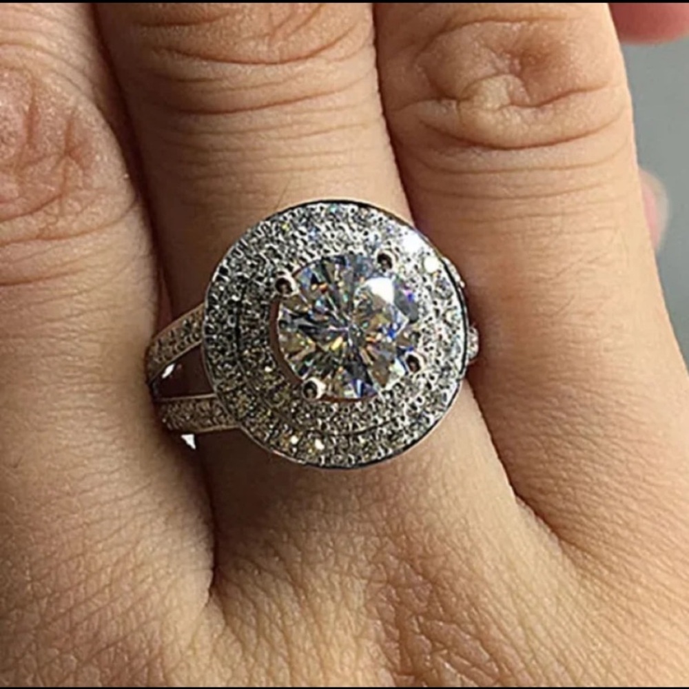 18K White Gold 6.98CT Moissanite Diamond Double Halo Engagement Wedding Ring